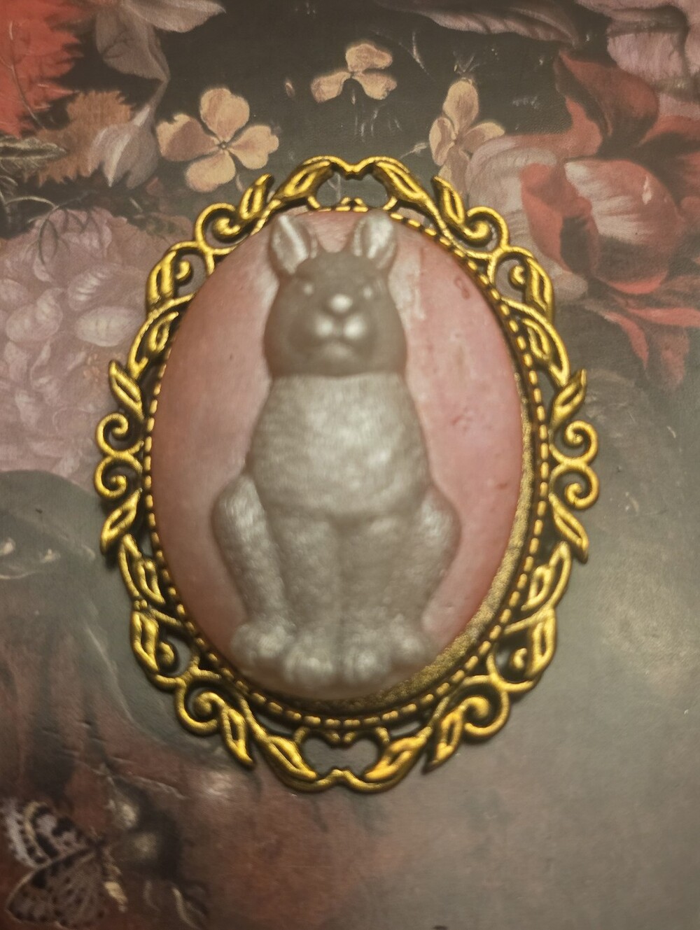 White & Red Rabbit Brooch In A Gold Tone Frame